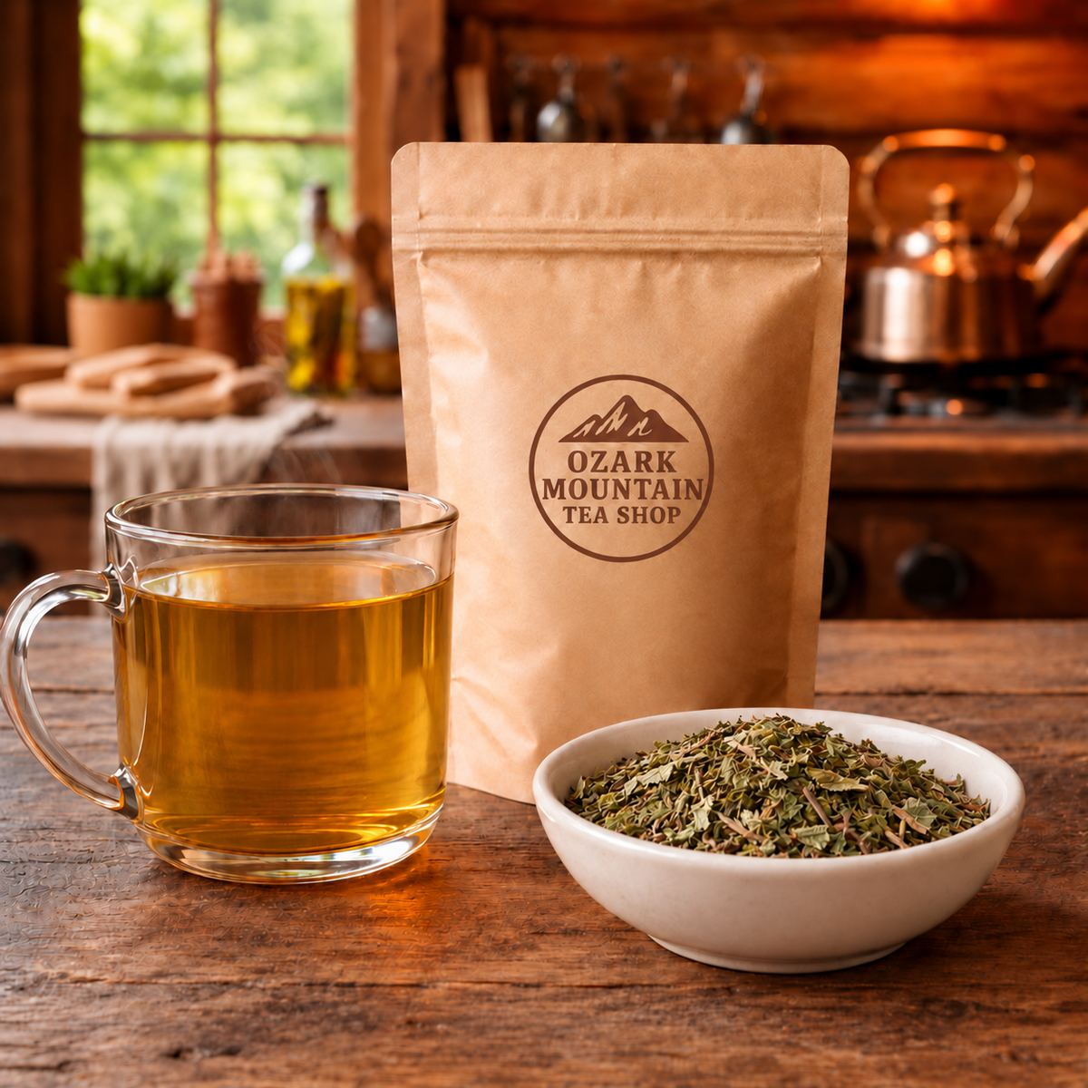 Mamma Bear herbal tea with logo-only kraft pouch, brewed tea and dried raspberry leaf and nettles in a rustic cabin