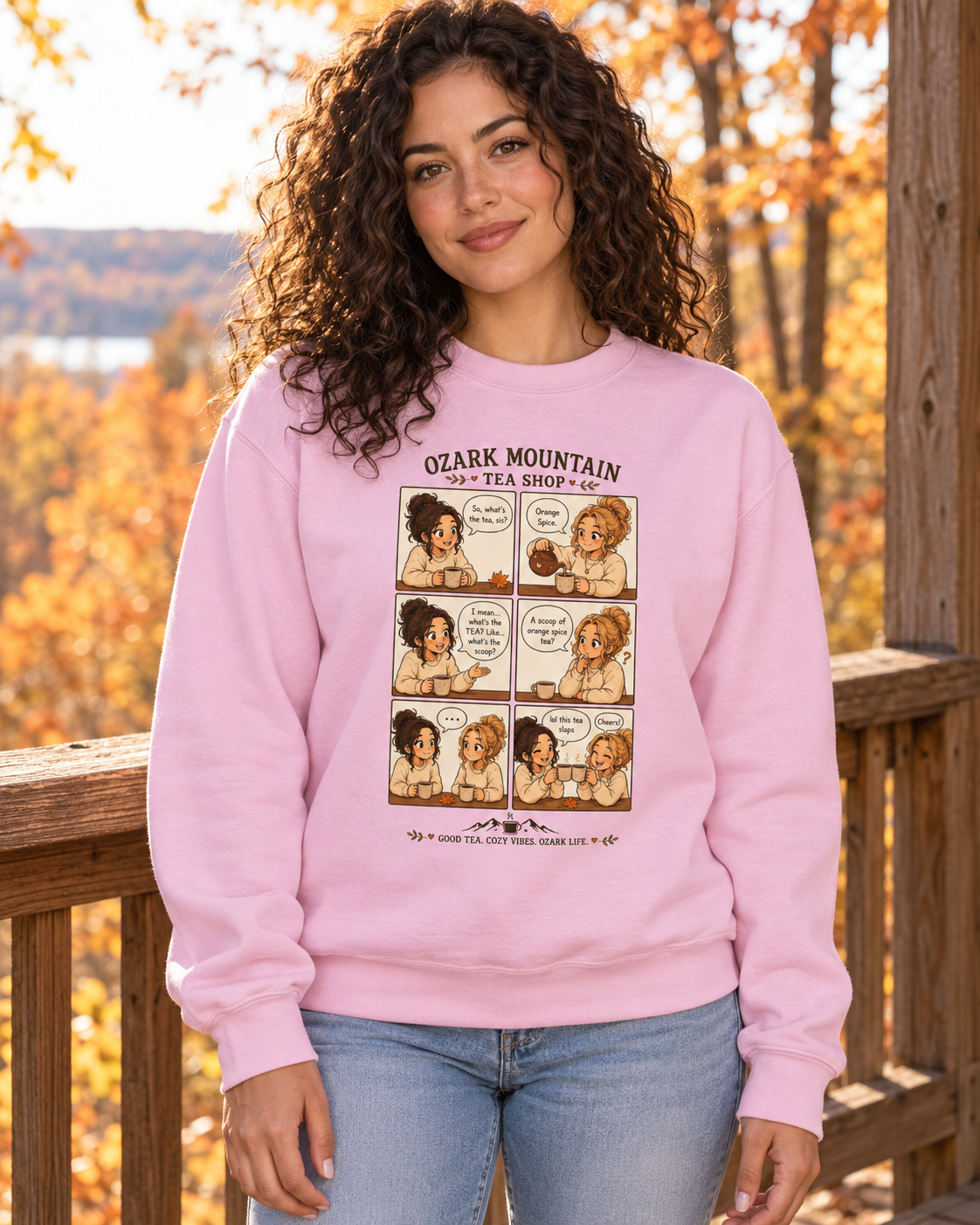 AI-generated model wearing What’s the Tea? — Cozy Comic Sweatshirt in an autumn Ozark setting