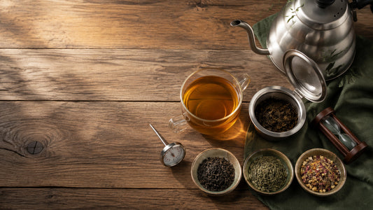 Loose leaf tea brewing setup with kettle, infuser, thermometer, hourglass, and tea leaves