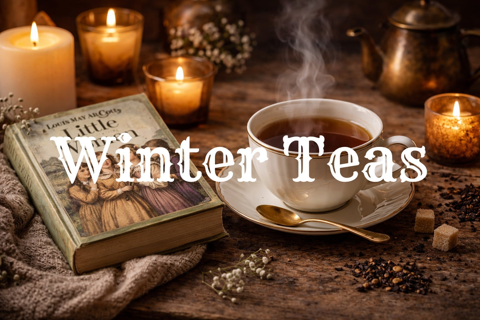 Cozy winter tea scene with a steaming cup of tea on a rustic wooden table, lit candles, and a vintage copy of Little Women, creating a warm, cottage-style atmosphere