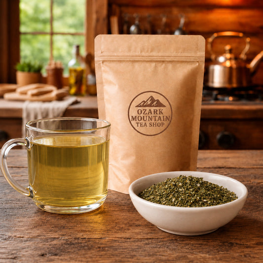 Allergy Relief brewed tea, loose tea ingredients, and Ozark Mountain Tea Shop brown packaging