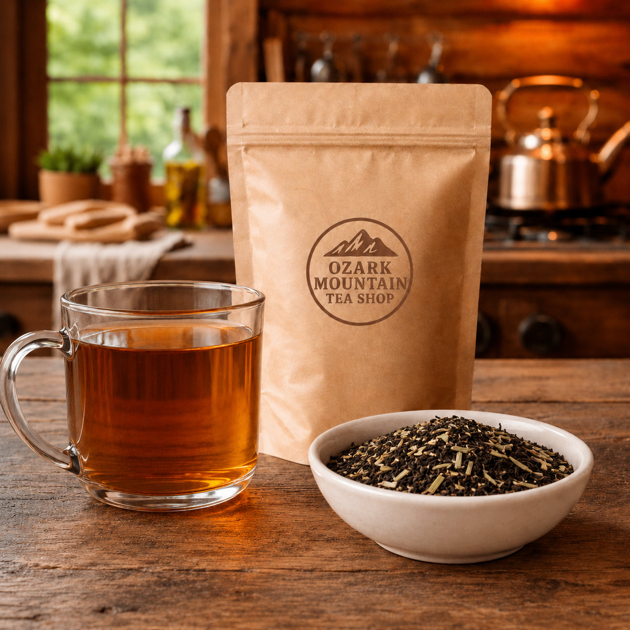 Black Gold brewed tea, loose tea ingredients, and Ozark Mountain Tea Shop brown packaging