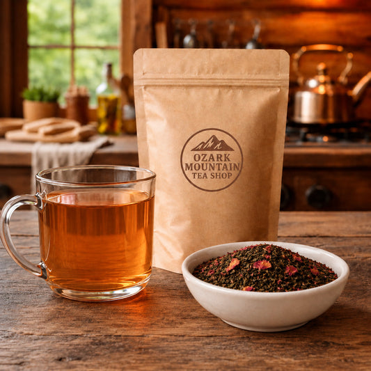 Blushing Rose brewed tea, loose tea ingredients, and Ozark Mountain Tea Shop brown packaging