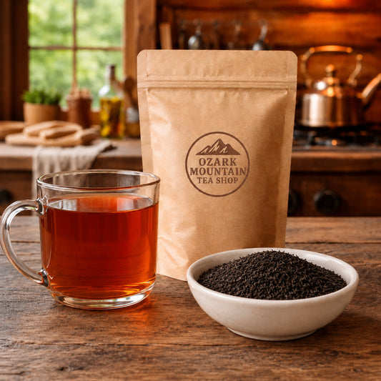 Cabin Earl Grey brewed tea, loose black tea leaves, and Ozark Mountain Tea Shop brown packaging