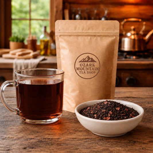 Campfire Cocoa brewed tea, loose tea ingredients, and Ozark Mountain Tea Shop brown packaging