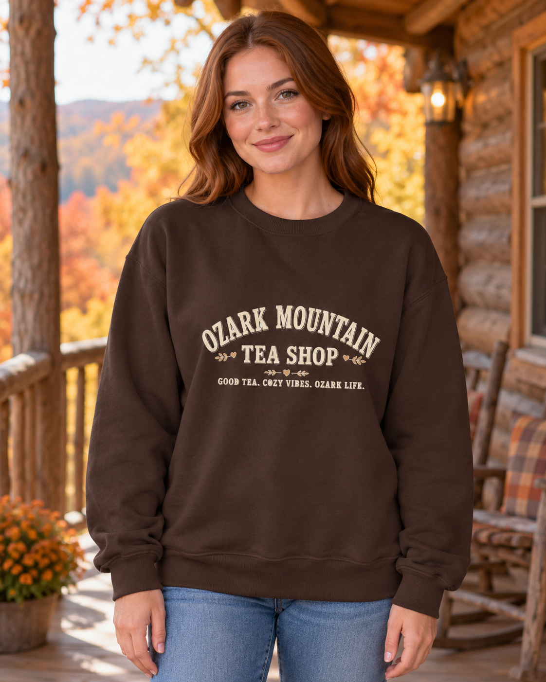 AI-generated woman modeling Good Tea, Cozy Vibes — Classic Crewneck Sweatshirt in an autumn Ozark setting
