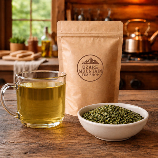 Dandelion Tonic brewed tea, loose tea ingredients, and Ozark Mountain Tea Shop brown packaging