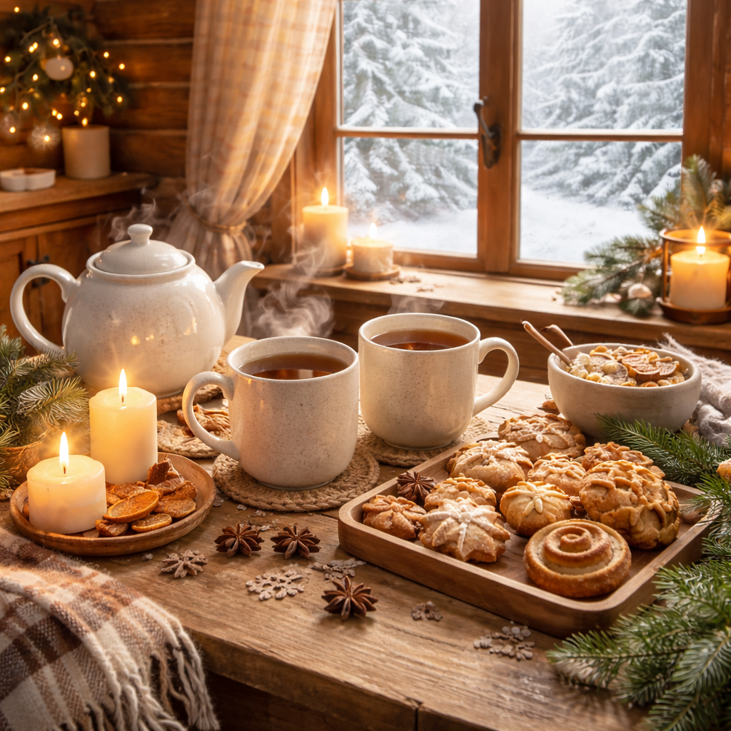Cozy winter scene in an Ozark Mountain tea shop with steaming loose-leaf tea, handmade mugs, fresh baked pastries, warm candlelight, rustic wooden interior, and a snowy forest outside the window.