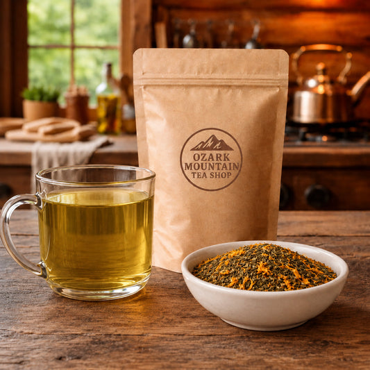 Gardener's Friend brewed tea, loose tea ingredients, and Ozark Mountain Tea Shop brown packaging