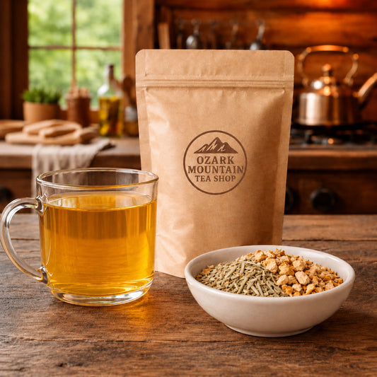 Ginger Ridge brewed tea, loose tea ingredients, and Ozark Mountain Tea Shop brown packaging