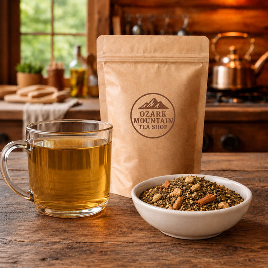 Green Trail Chai brewed tea, loose tea ingredients, and Ozark Mountain Tea Shop brown packaging