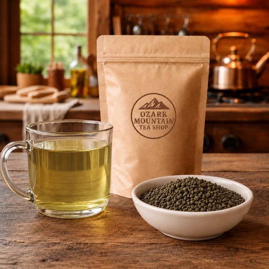 Gunpowder Green Tea brewed tea, loose tea ingredients, and Ozark Mountain Tea Shop brown packaging