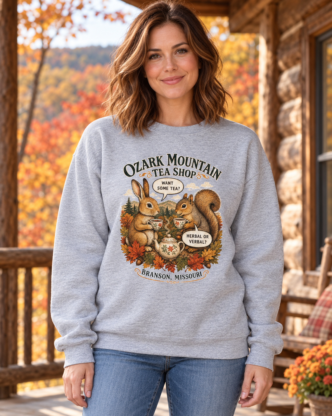 AI-generated model wearing Herbal or Verbal? — Woodland Tea Sweatshirt in an autumn Ozark setting