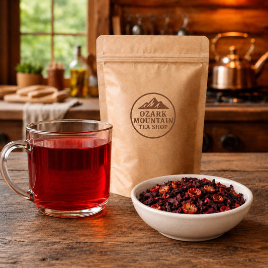 Hibiscus Homestead brewed tea, loose tea ingredients, and Ozark Mountain Tea Shop brown packaging