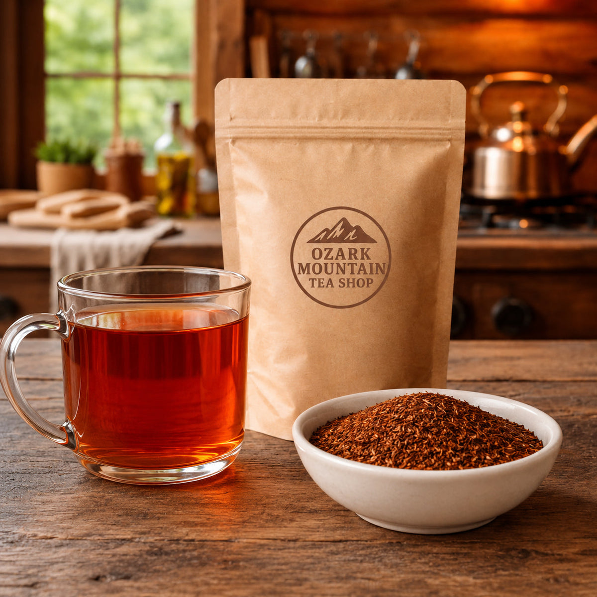 Honeybush tea brewed in a glass cup with loose honeybush in a white bowl and Ozark Mountain Tea Shop brown packaging