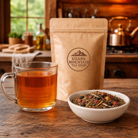 Immune Support brewed tea, loose tea ingredients, and Ozark Mountain Tea Shop brown packaging