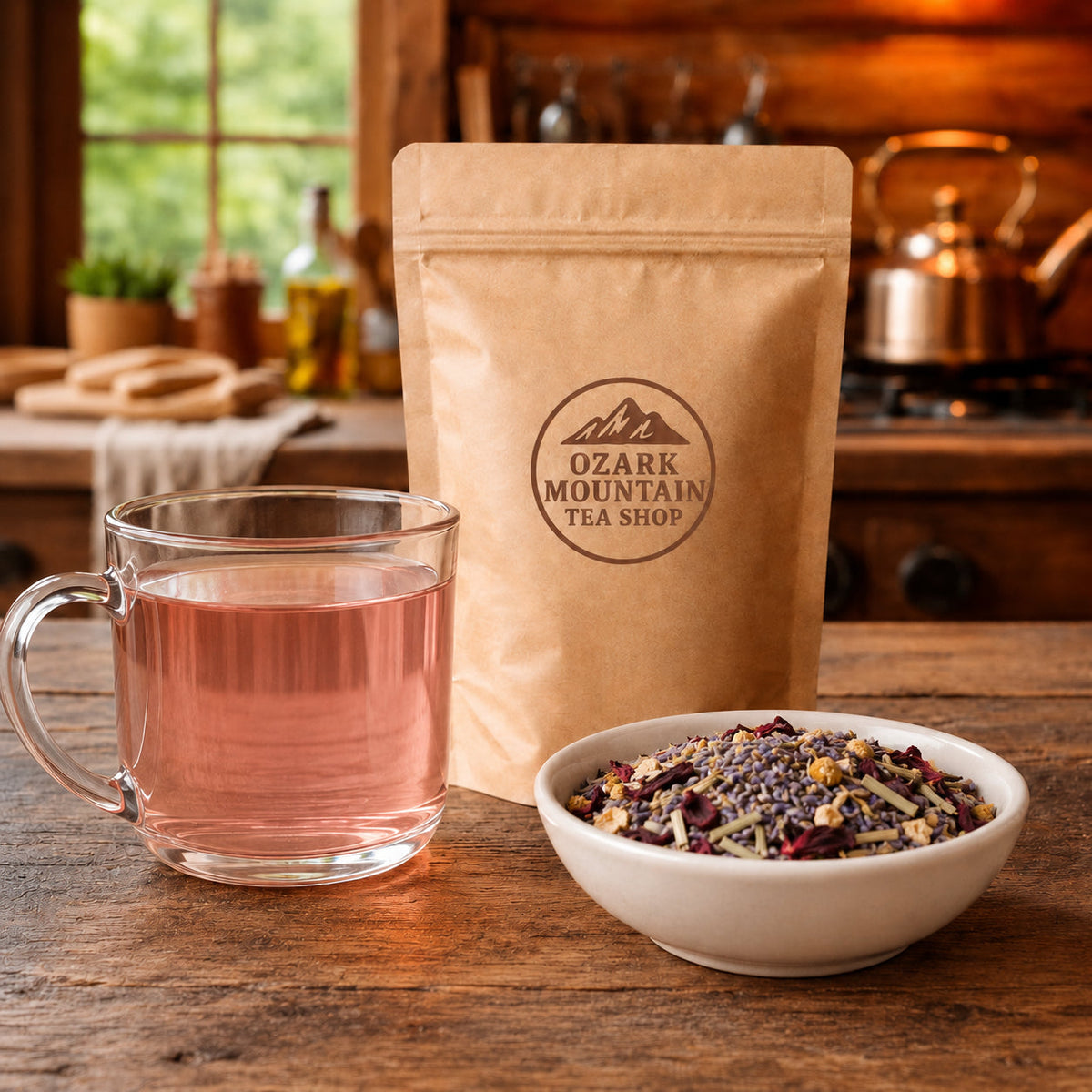 Lavender Falls brewed tea, loose tea ingredients, and Ozark Mountain Tea Shop brown packaging