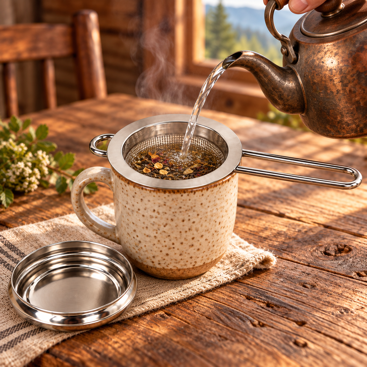 Hot water poured over loose tea in a stainless steel micromesh infuser resting in a rustic ceramic mug