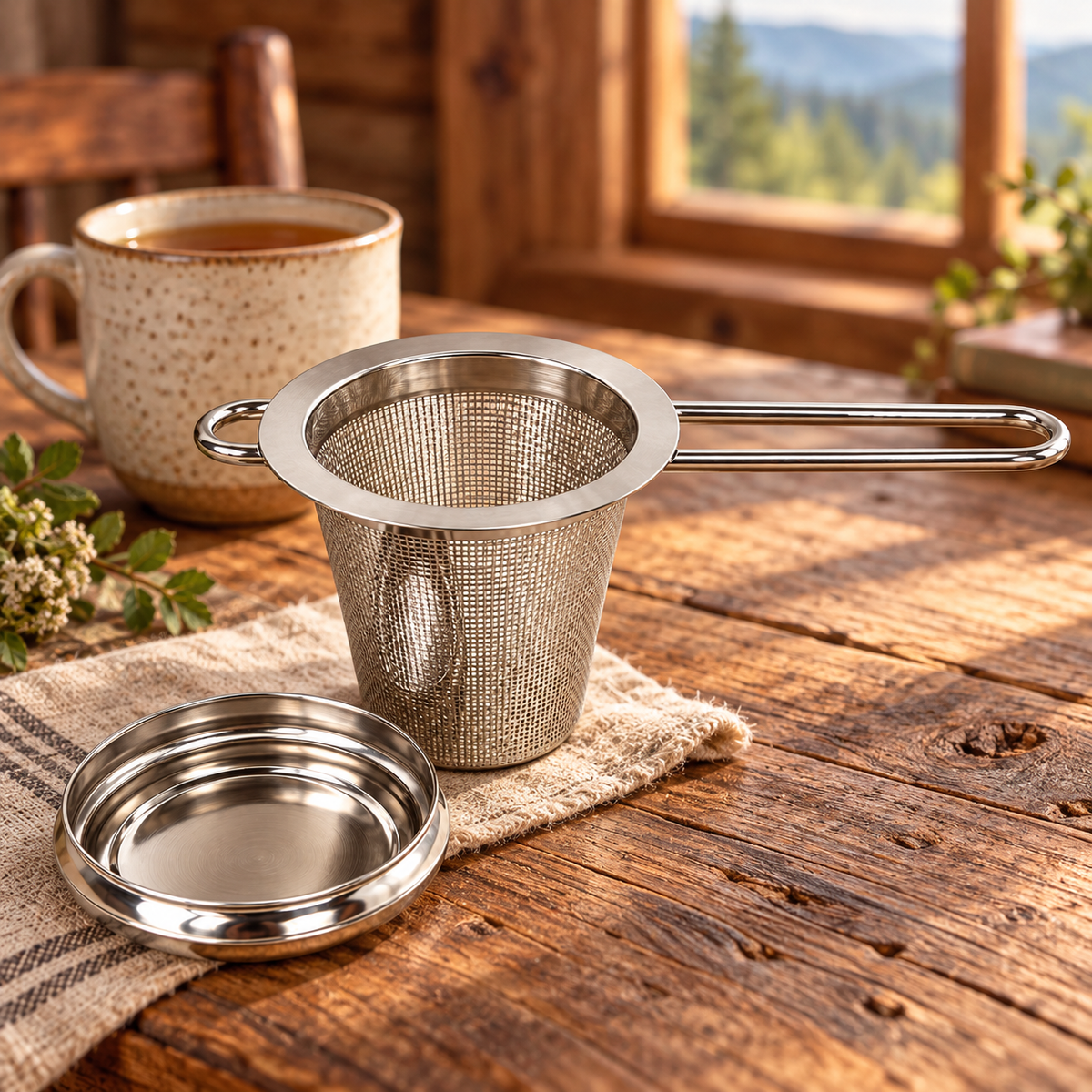 Stainless steel micromesh tea infuser basket and lid on a rustic cabin table