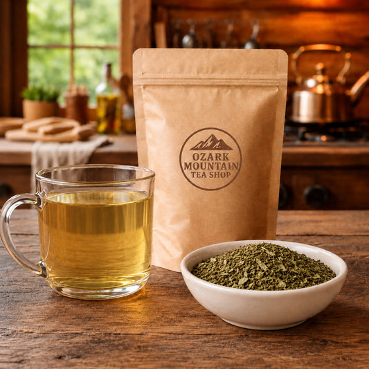 Mint River brewed tea, loose tea ingredients, and Ozark Mountain Tea Shop brown packaging