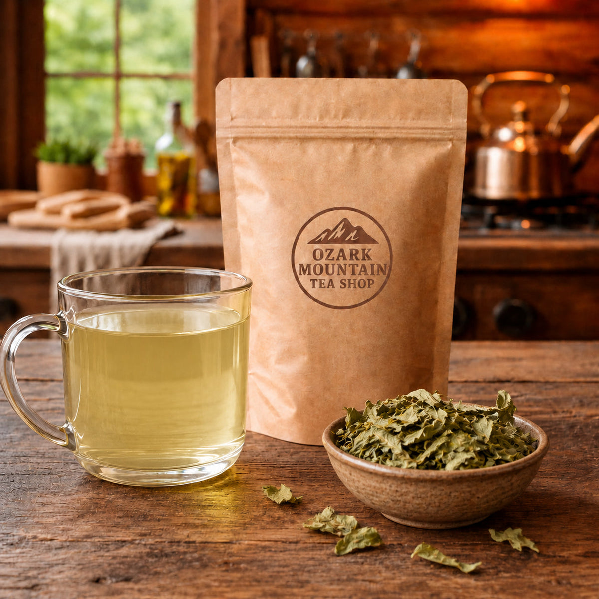 Unprocessed dried stevia leaf with Ozark Mountain Tea Shop pouch