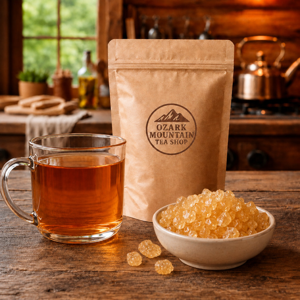 Ozark Gold yellow rock sugar with Ozark Mountain Tea Shop pouch