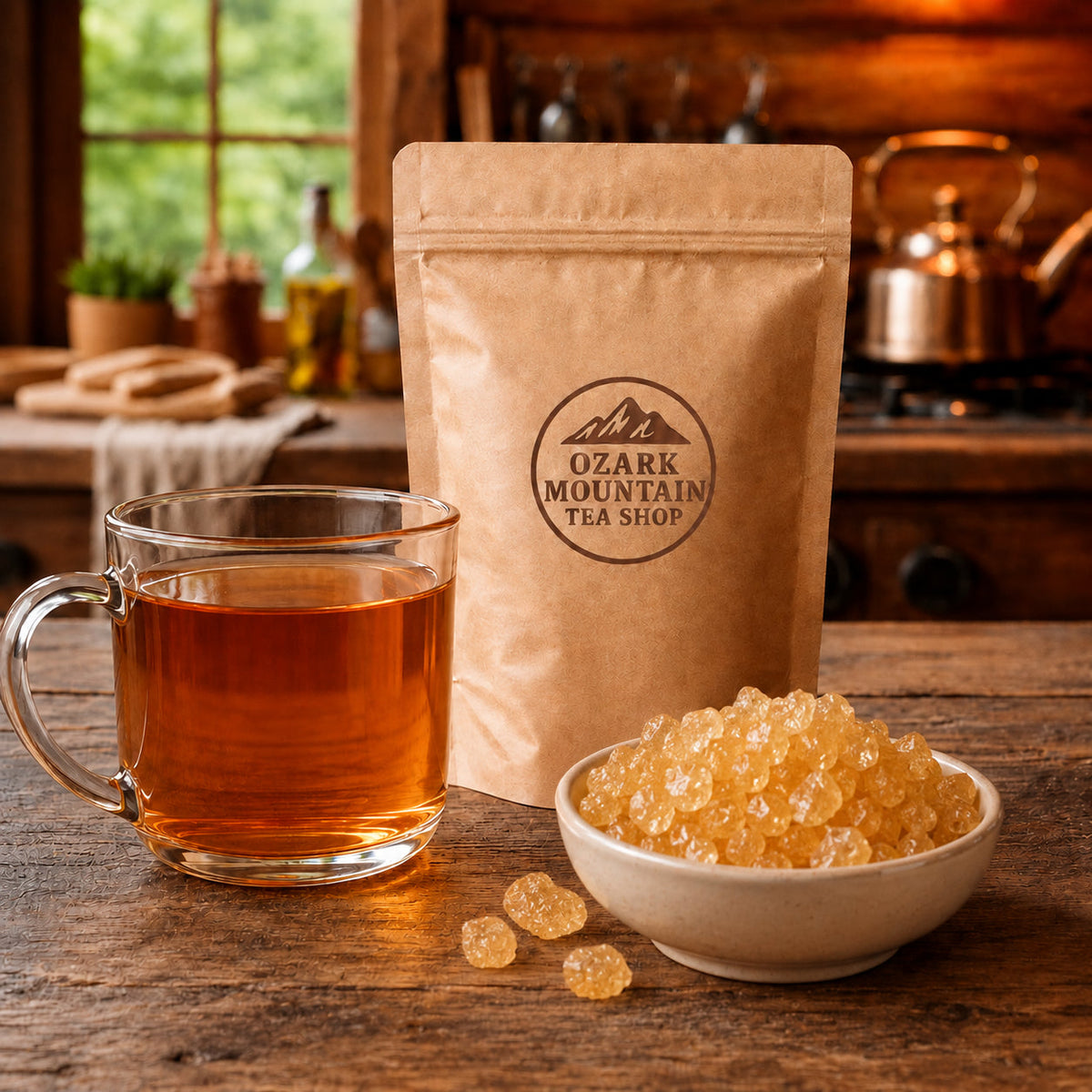 Ozark Gold yellow rock sugar with Ozark Mountain Tea Shop pouch
