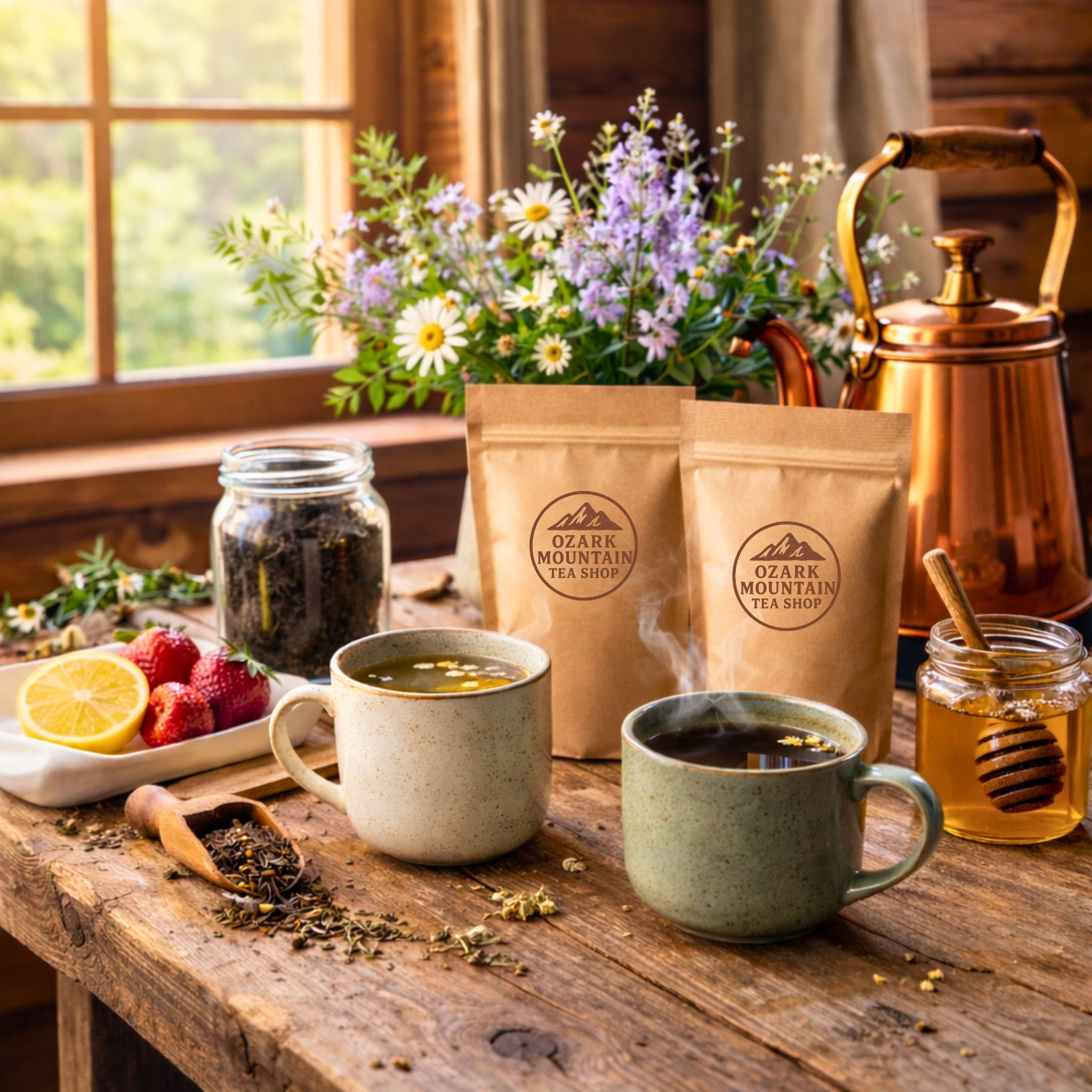 Tea setup with steaming mugs of tea, loose leaf tea, fresh fruits and spring flowers on a wooden table with a bright copper kettle.