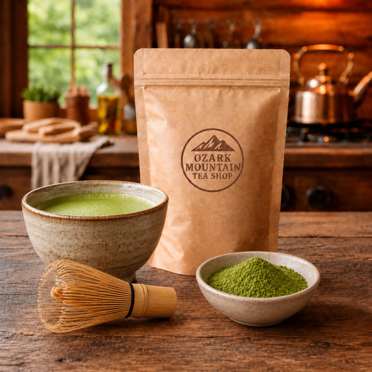Ozark Mountain Tea Shop matcha powder with tea pouch, bowl and whisk
