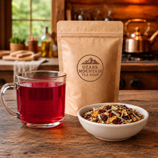 Pioneer Punch brewed tea, loose tea ingredients, and Ozark Mountain Tea Shop brown packaging