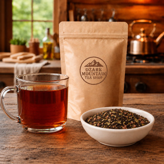 Ridge Runner brewed tea, loose tea ingredients, and Ozark Mountain Tea Shop brown packaging