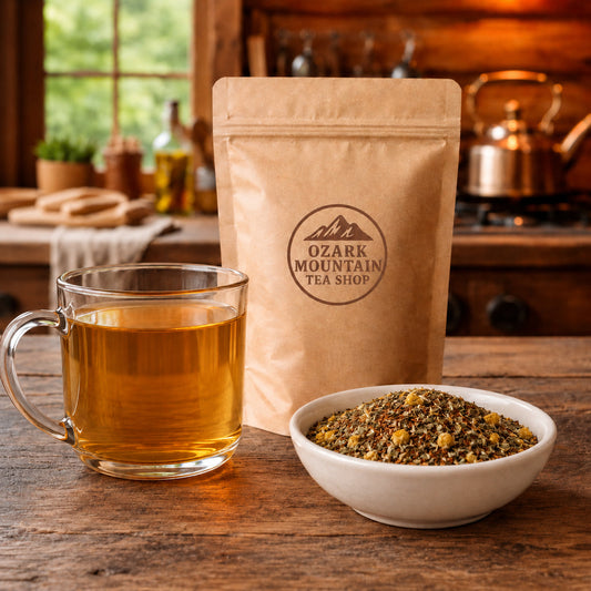 Sleepy Hollow brewed tea, loose tea ingredients, and Ozark Mountain Tea Shop brown packaging
