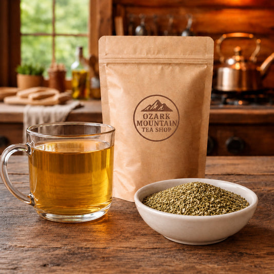 Southern Cowboy brewed tea, loose tea ingredients, and Ozark Mountain Tea Shop brown packaging