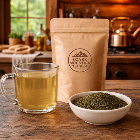 Spring Valley brewed tea, loose tea ingredients, and Ozark Mountain Tea Shop brown packaging