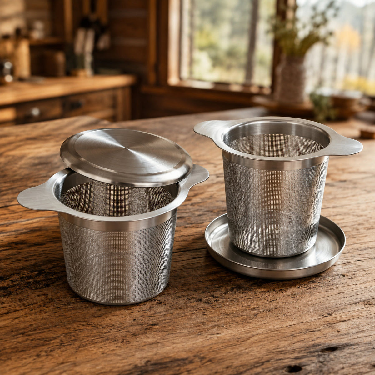 Stainless steel micromesh infuser basket with lid and drip tray