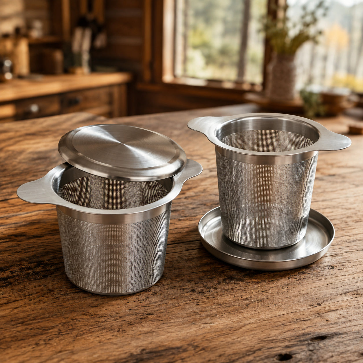 Stainless steel micromesh infuser basket with lid and drip tray