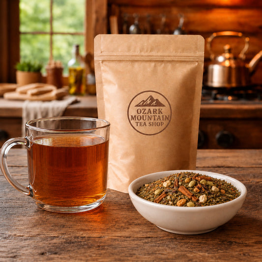 Sunrise Chai brewed tea, loose tea ingredients, and Ozark Mountain Tea Shop brown packaging