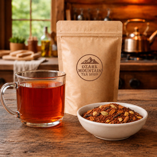 Sunset Chai brewed tea, loose tea ingredients, and Ozark Mountain Tea Shop brown packaging