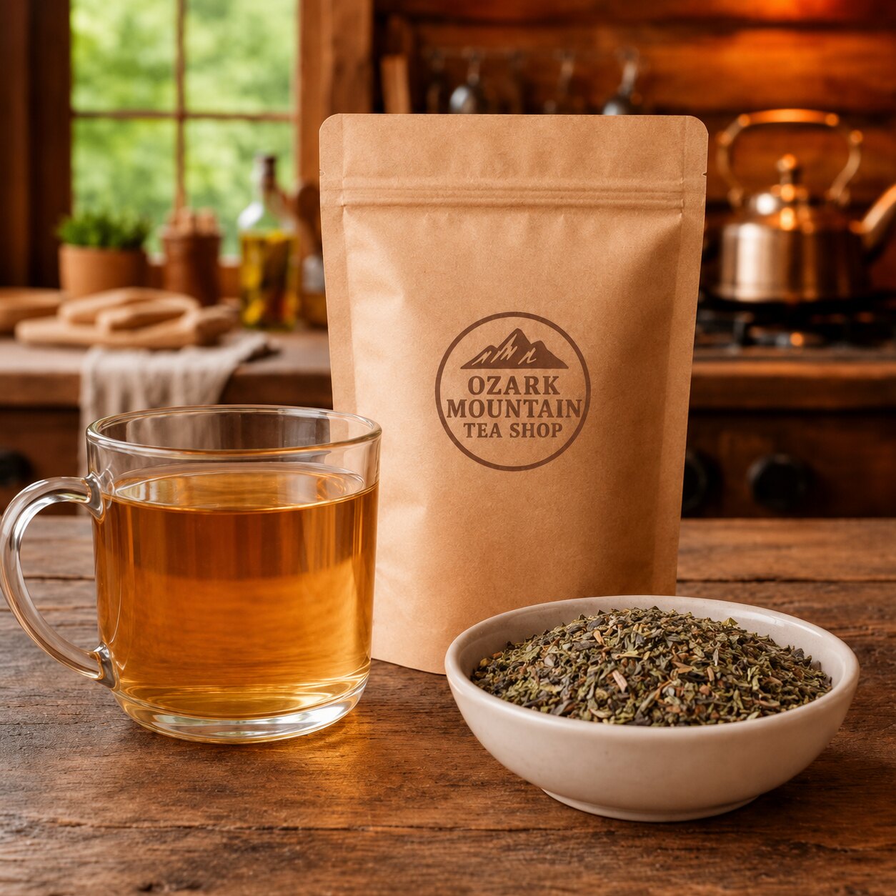 Survival Tea brewed golden amber tea, loose tea ingredients, and Ozark Mountain Tea Shop brown packaging