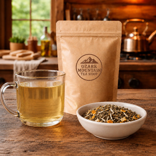 White Tangerine brewed tea, loose tea ingredients, and Ozark Mountain Tea Shop brown packaging